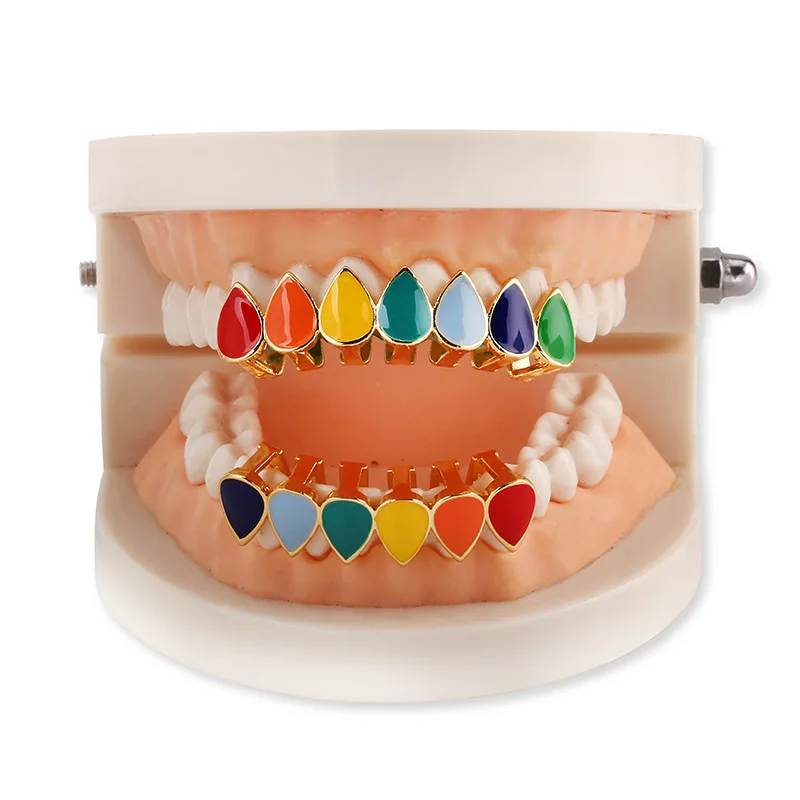 

Colorful Teeth Grills Hip Hop Tooth Cap Top & Bottom Grillz Mouth Vampire Fang Body Jewelry Cosplay