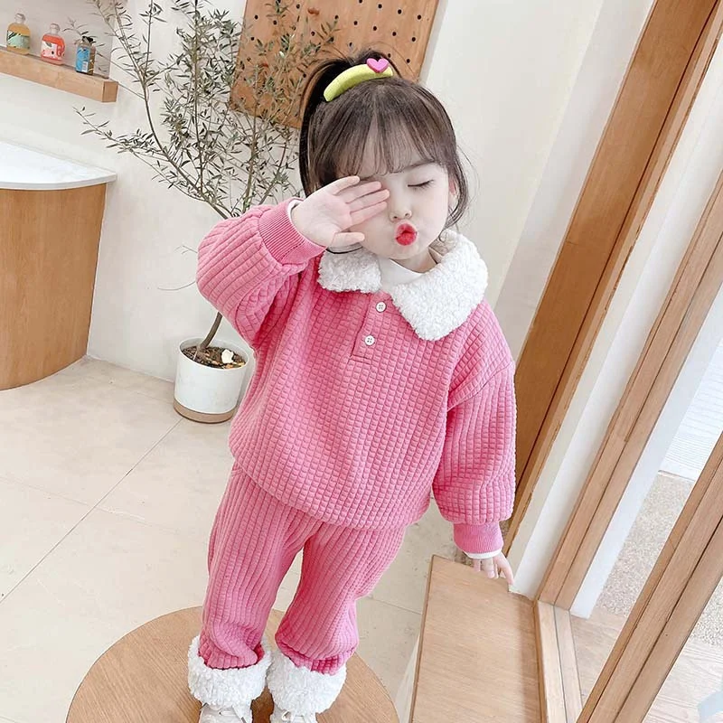 Girls Suit Sweatshirts +Pants Cotton 2Pcs/Sets 2022 Fur Winter Autumn Plus Thicken Warm Sportswear Children Clothing