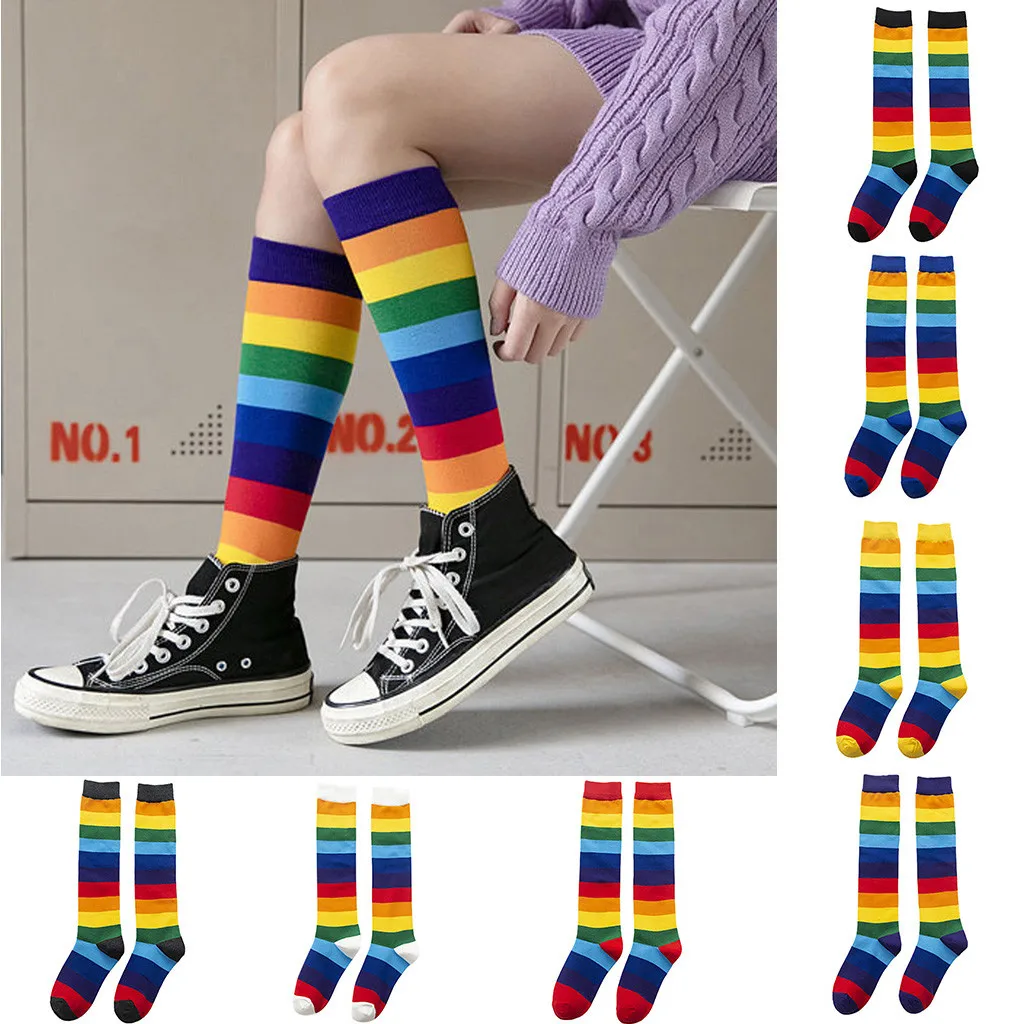 Женские Модные Разноцветные полосатые носки до колена повседневные хлопковые