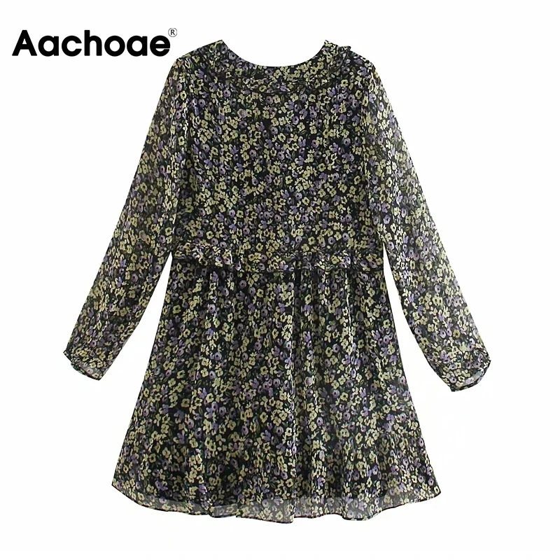 Мини-платье Aachoae с V-образным вырезом и цветочным принтом прозрачным длинным