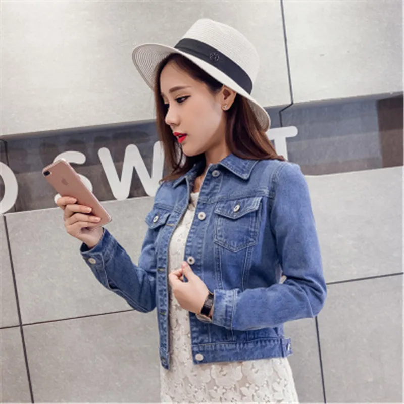 Джинсовая куртка женская повседневная короткая джинсовая с длинным рукавом для