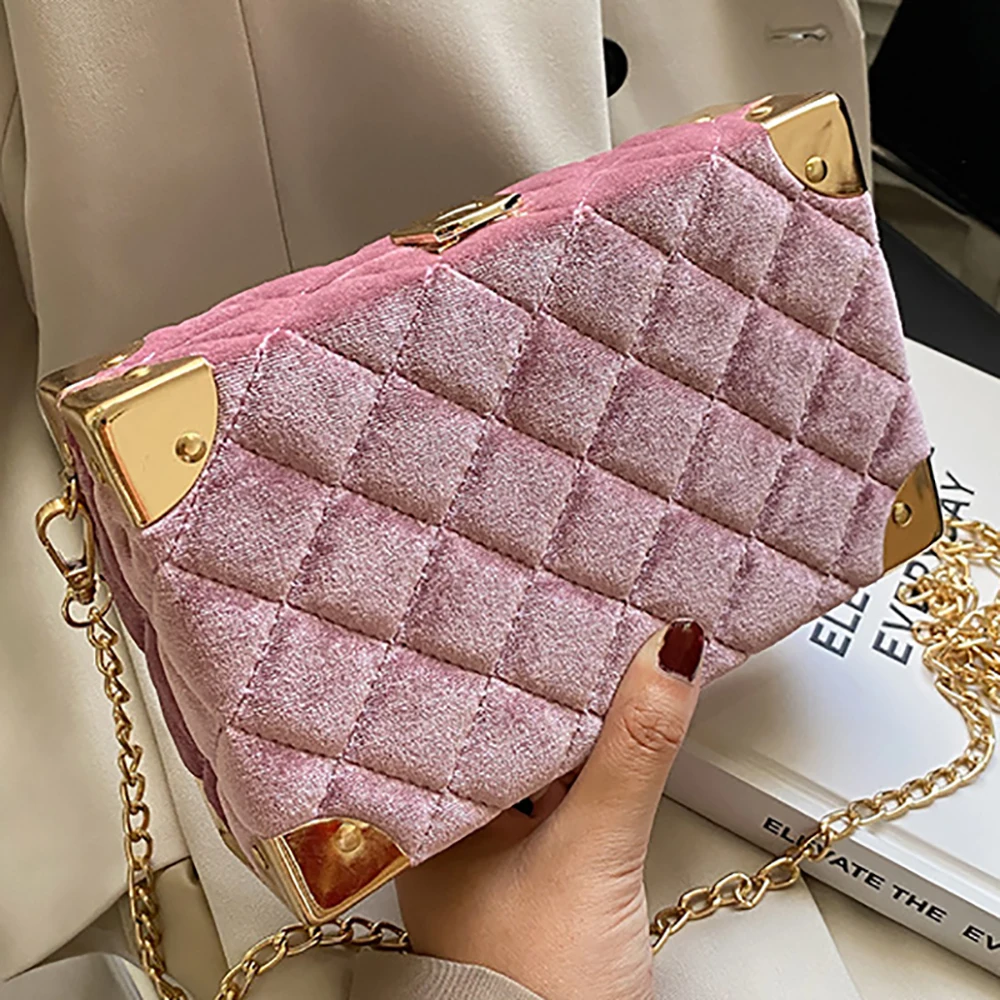 

New Arrival High Quality Velvet Box Handbag For Women 2021 Fashion Shoulder Messenger Bag Female Luxury Grid Party Wedding Flaps