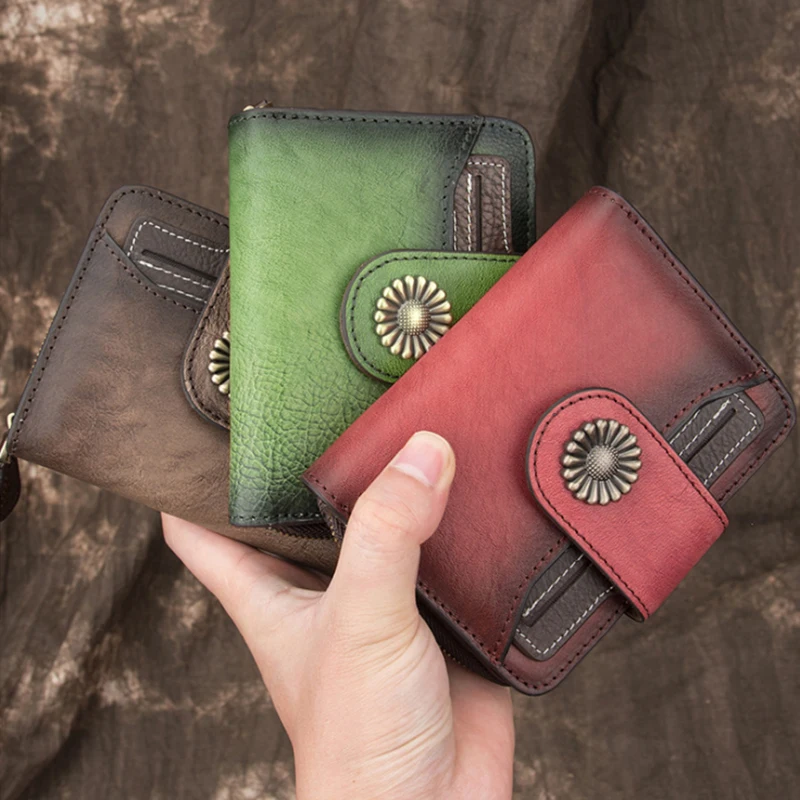 

New Genuine Leather Women Short Wallet Bifold Vintage Female Purses for Cards Holders Coins European and American Ladies Wallet