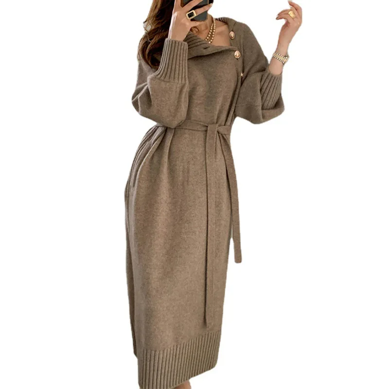 

Long Sweater Dress 2021 New Korean Fashion Versatile Hepburn Loose Knitted High Collar Birthday Dress for Women