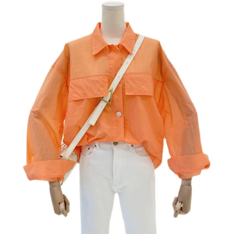

Korean Style 2021 Spring and Summer New Retro Double Pocket Blouses Women Sunscreen Shirt Female Long Sleeve Simple Shirt