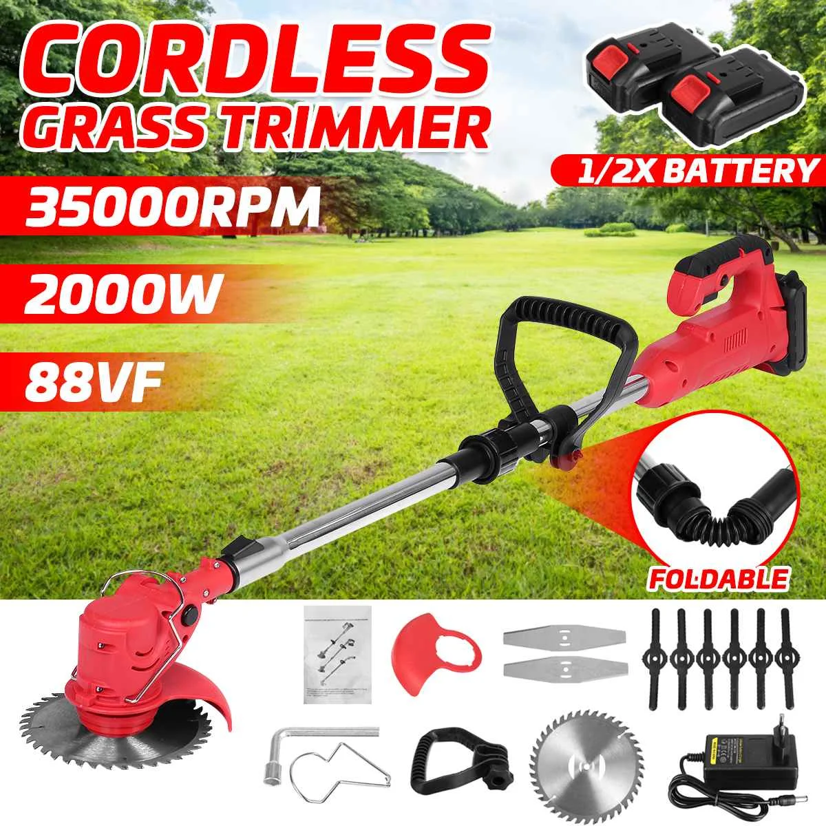 35000RPM 2000W 88VF Cordless Electric Grass Trimmer Lawn Mower Weeds Brush Collapsible Length Adjustable Cutter Garden