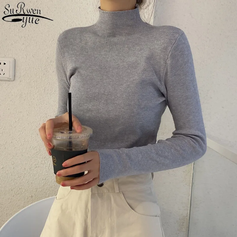 

Spring and Summer Sweet Women's Turtleneck Sweater Long Sleeve Knitted Pullover Women Solid Ribbed Chic Top Retro Jumper 11804