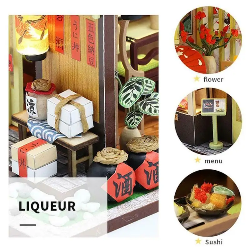 

1Pc Mini DIY Cabin GIBBON Sushi Shop Retro Japanese Building Kit Toys with Hand-Assembled Model Assembled Lights LED Model R6G8