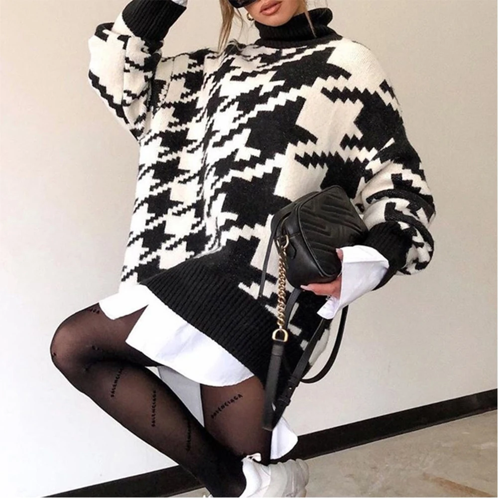 

Женский вязаный свитер «гусиная лапка», Длинный пуловер с высоким воротником, модный Теплый черный и белый винтажный джемпер, Осень-зима 2020