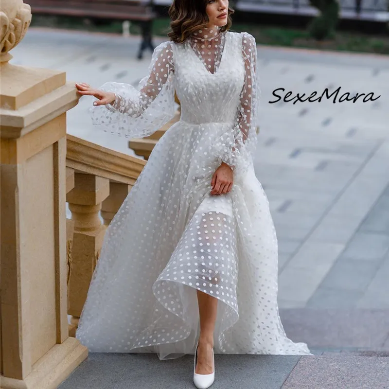 Женское платье макси в горошек повседневное элегантное белое Сетчатое с круглым