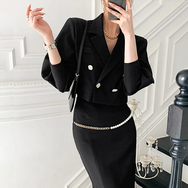 

Office Lady Skirts Sets 2021 Spring Women Two Piece Outfits Long Sleeve Coat and High Waist Sexy Split Long Skirt 2 Piece Set