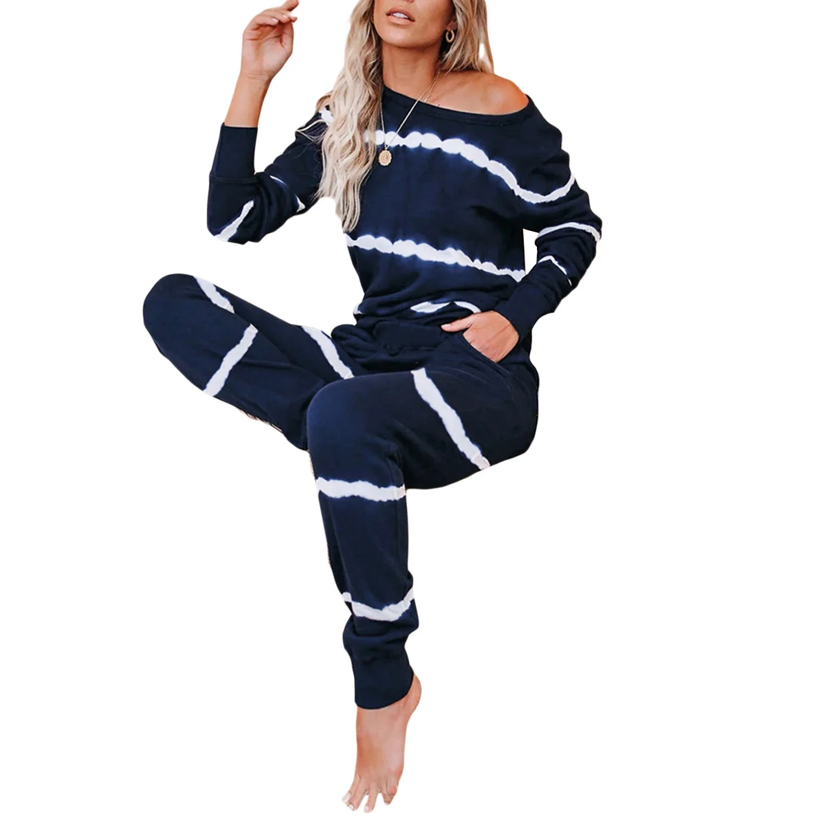 Женский домашний костюм с длинным рукавом и брюками темно-синий повседневный из