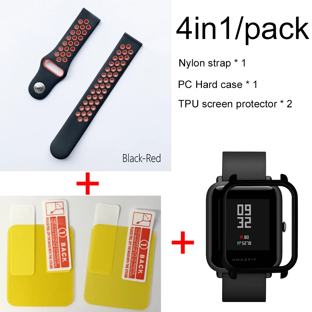 Black red-black 4в1 для Xiaomi Huami Amazfit ремешок Bip мягкий спортивный браслет из силикона Smartwatch Браслет с PC чехол Защита экрана - Цвет: Black red-black