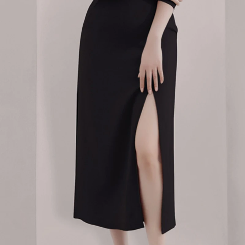 Max Spri Slash Neck Slim Split Women 2 Piece Sets New Fashion Long Sleeves Office Lady Skirt Suits Black Red