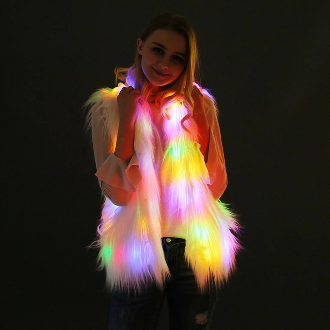 New LED Lights Style Jacket Faux Rabbit Fur Autumn Winter Sleeveless Hooded Coat Christmas Partynight Coats Plus Size 6XL | Женская