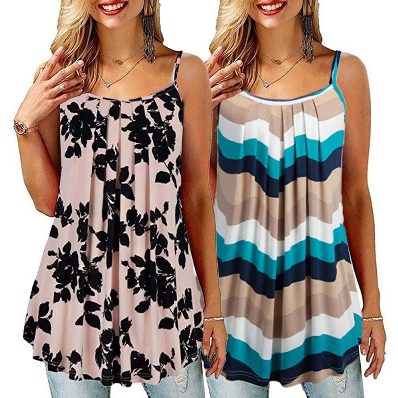 Женский топ без рукавов на тонких бретелях с круглым вырезом и цветочным принтом