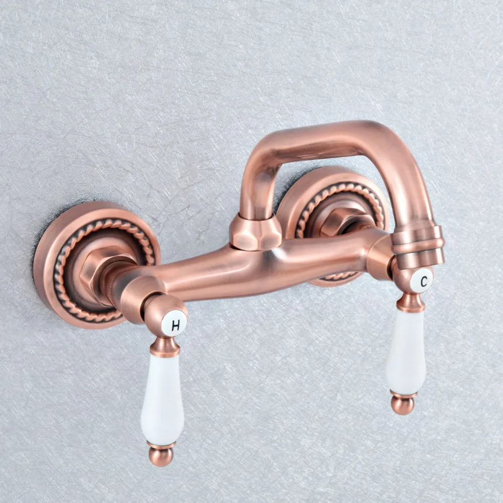 

Antique Red Copper Brass Wall Mounted Kitchen Wet Bar Bathroom Sink Faucet Swivel Spout Mixer Tap Dual Ceramic Handles asf886