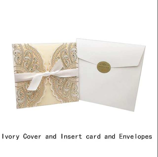 One Set Ivory 10 шт. образец 4 цвета лазерная резка, для свадьбы Пригласительные открытки кружева элегантные поздравительные открытки с ленточным конвертом Свадебная вечеринка Decoratio - Цвет: One Set Ivory