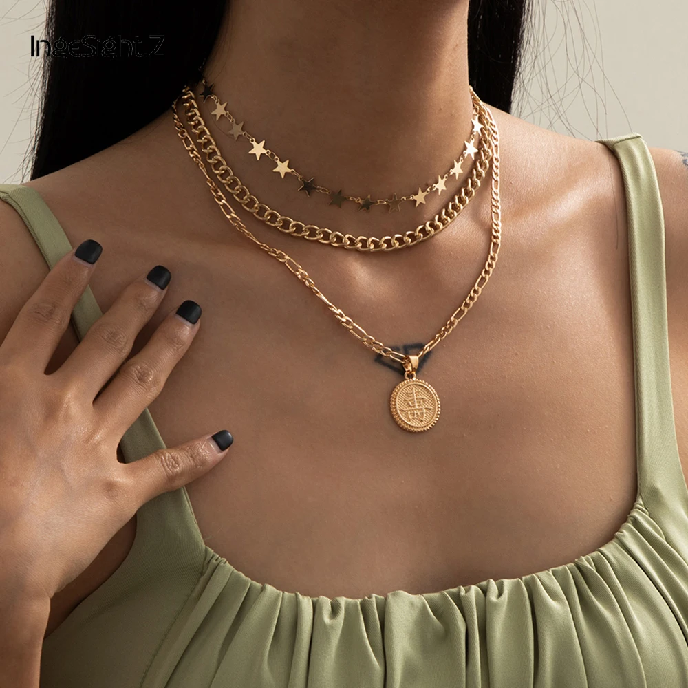 

IngeSight.Z 3Pcs/Set Goth Gothic Copper Star Choker Necklace Collar Multi Layered Carved Coin Pendant Necklace for Women Jewelry
