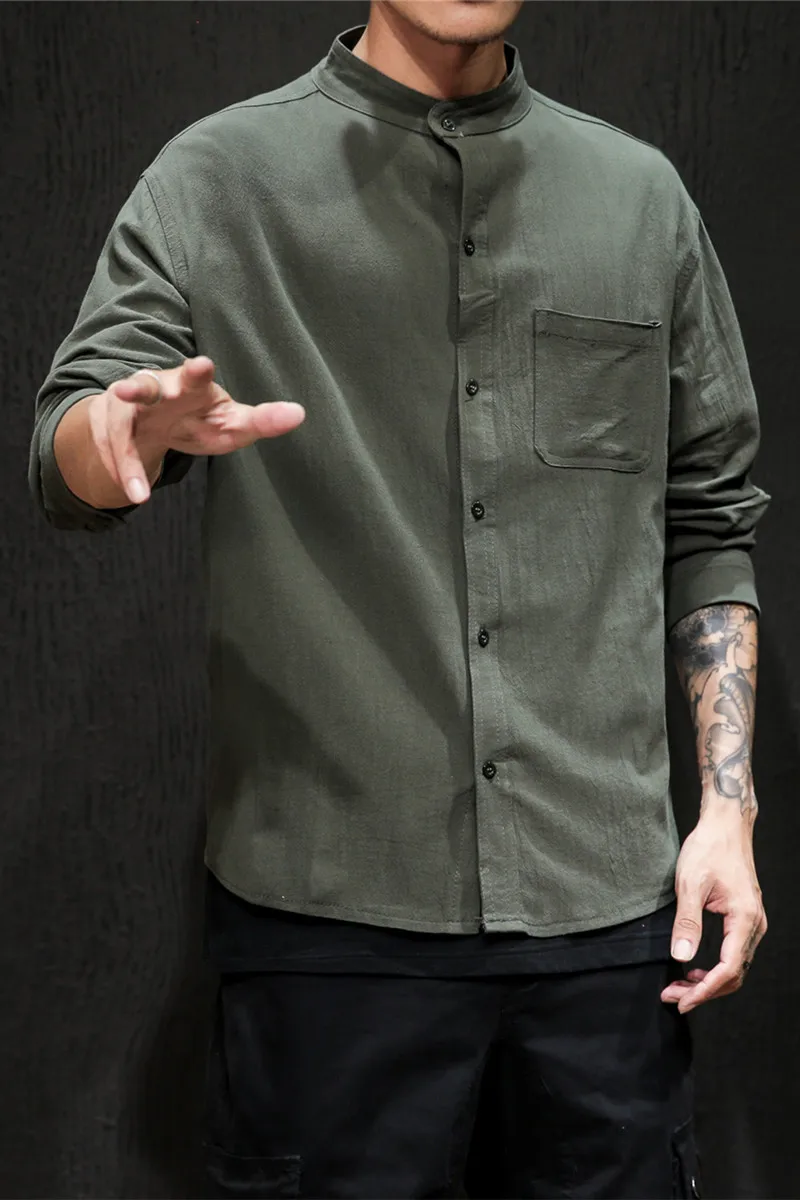 

2019 Stand Collar Solid Color Men'S Casual Long Sleeve Shirt 100% Cotton Men Loose Long Sleeve Shirt Outdoor Street Male Shirt