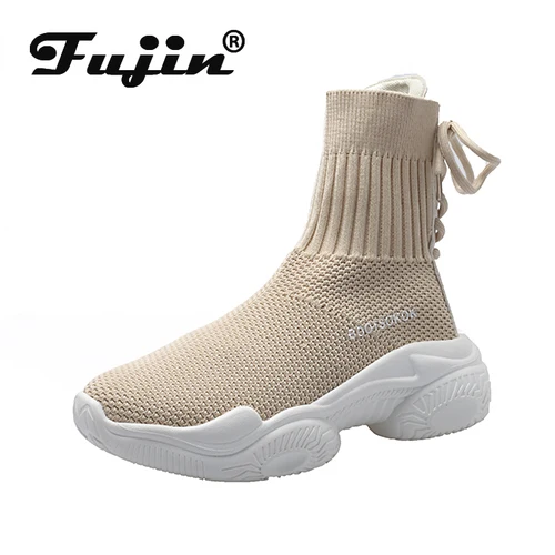 Fujin/женские ботинки Носки Дышащие вязаные Кроссовки Женская обувь на платформе