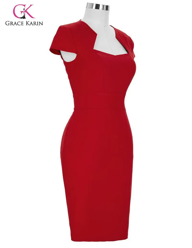 Grace Karin Elegant Women Formal Party Dress Cap Sleeve Hips-Wrapped Pencil Dress Office Lady Work Bodycon Red Dress Summer
