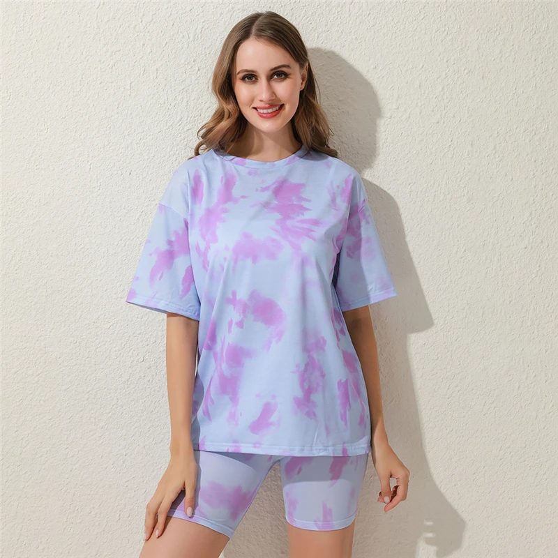 

Tie Dye Print Casual Women Set Two Piece Summer Short Sleeve Top Shirt And Biker Shorts Female Streerwear Outfits
