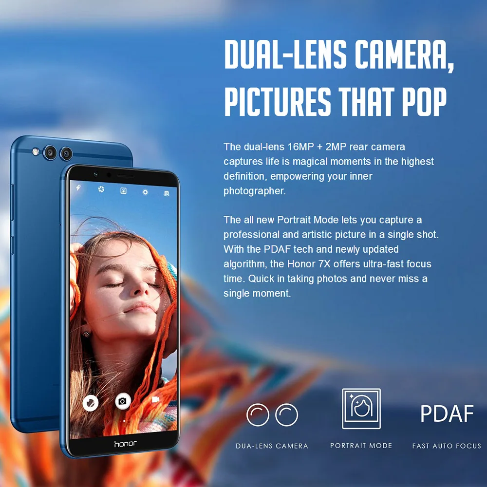 Мобильный телефон Honor 7X Face ID, 5,93 дюймов, 2160*1080 P, 4 гб, 64 гб, четыре ядра, две тыловые камеры, 3340 мач, смартфон с отпечатком пальца