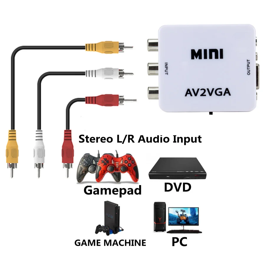 Преобразователь видео Mini HD AV2VGA преобразователь AV RCA CVBS для VGA
