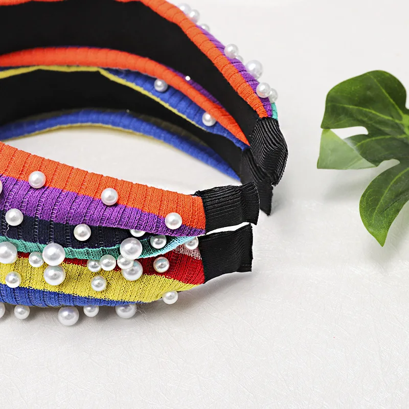 

New Fashion Rainbow Headband Pearls Hairband Adult High Elastic Hair Band Girls Patchwork Bohemia Hair Accessories Turban Adult