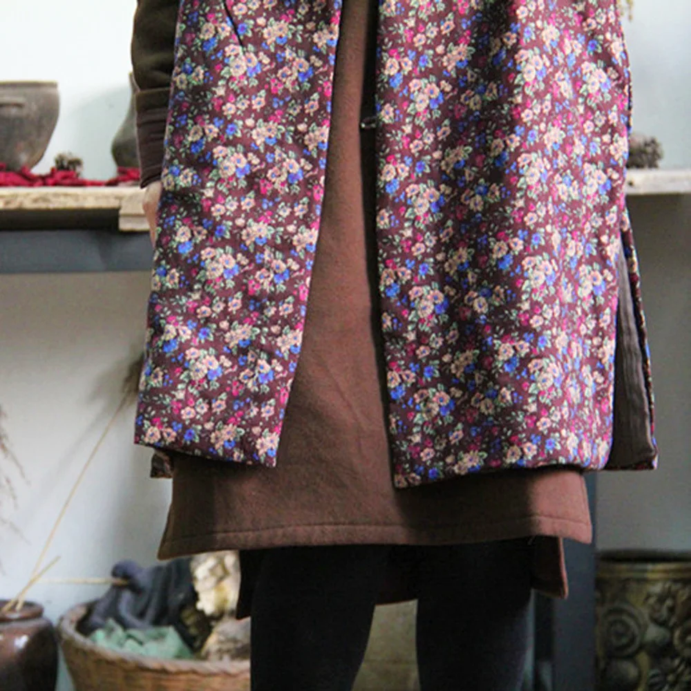 Женский однобортный жилет Johnature свободный хлопковый с цветочным принтом без