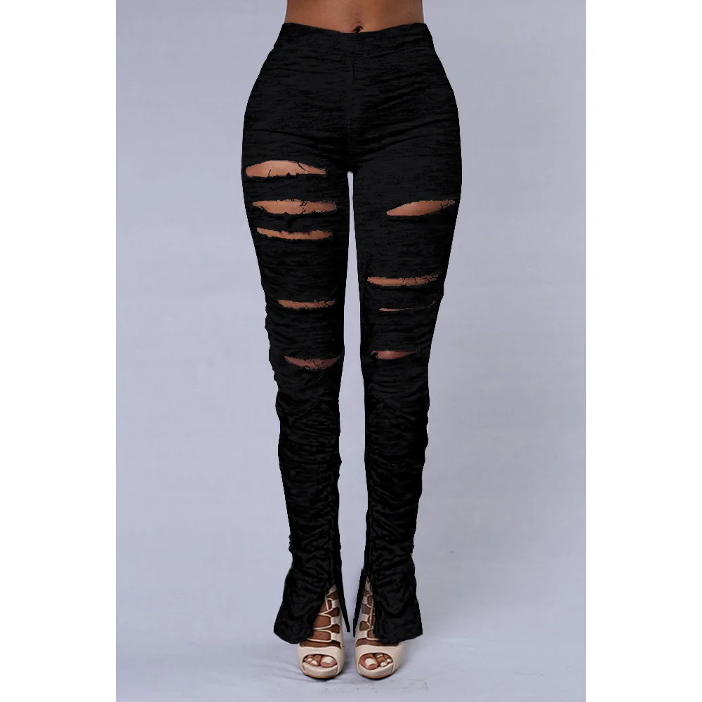 

Ursuper New Style Cut Hollow Out Ripped Pleated Split Stacked Leggings Sexy Ruched High Waist Pencil Pants Women Clothes