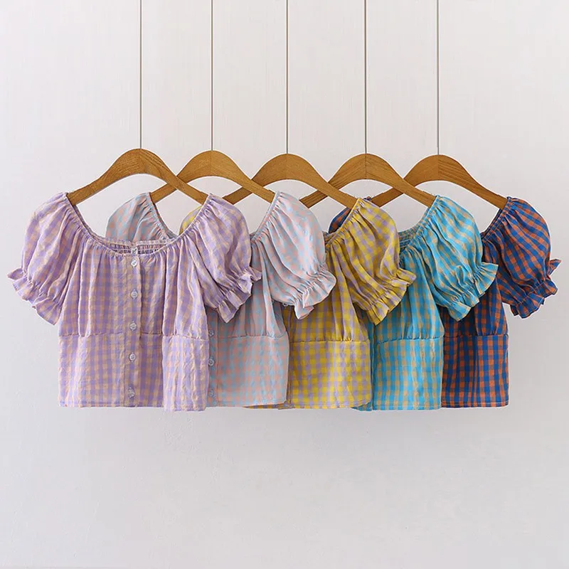 

Women Blouses Summer Korean Plaid Square Collar Casual Tops Women Puff Sleeve Fashion Short Blouse New