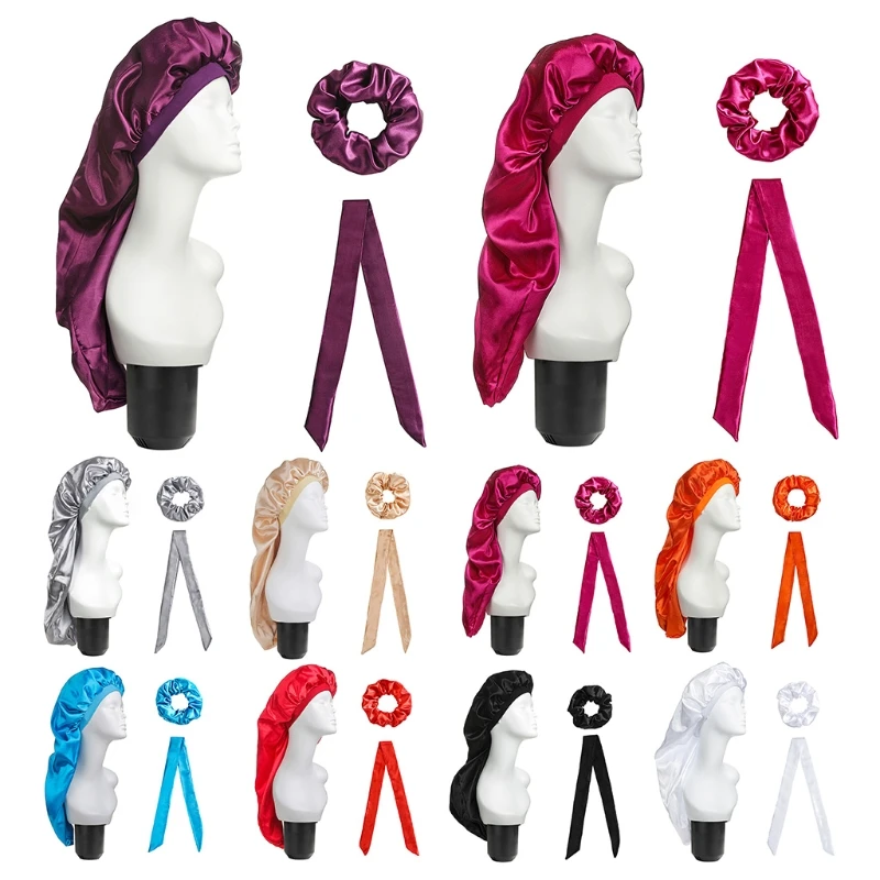 

Dirty Braid Hair Cap Hair Care Long Cap Headscarf Three-piece Wide-brimmed Home Hat Elastic Wide Edge Satin Bonnet