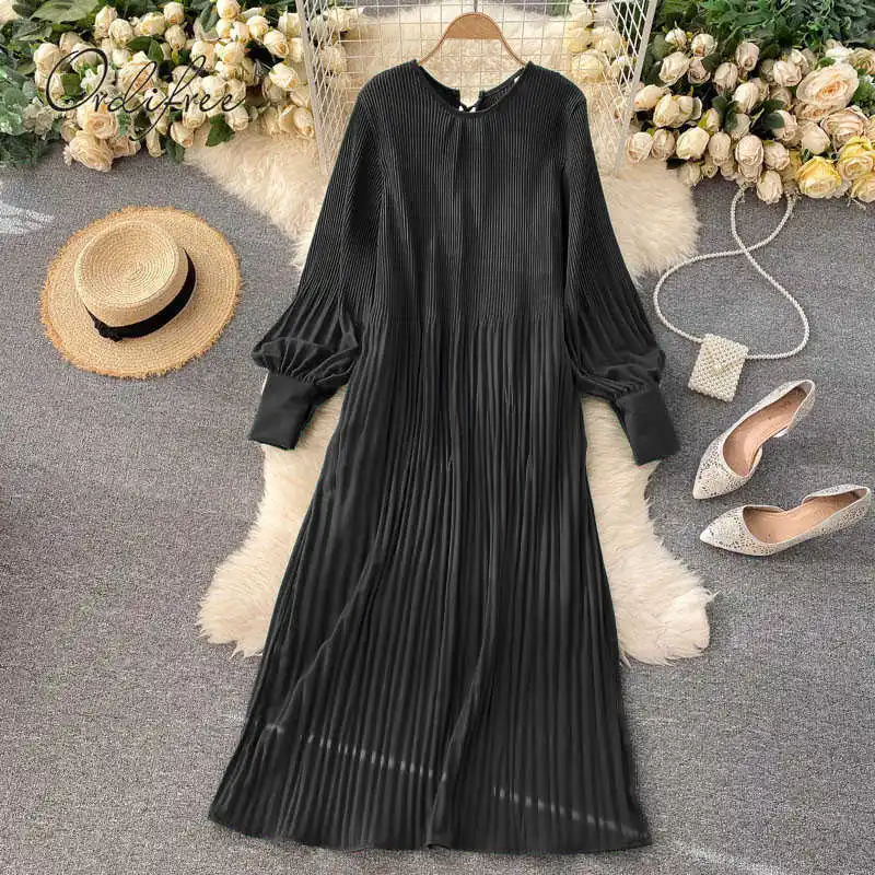 

2021 Summer Women Maxi Chiffon Dress Long Sleeve Lace Up Loose Vocation Long Pleated Dress