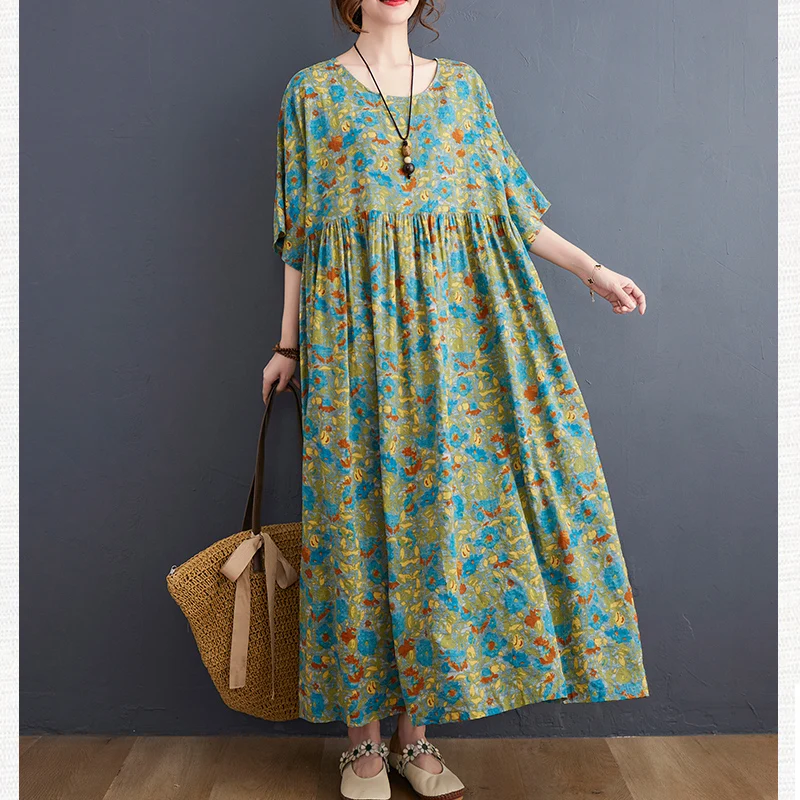 

Oversize One-Piece Summer Dress 2021 New Fashion Dress Elegant Short Sleeve Floral Cotton Long Dress Robe Female Women'S Dresses