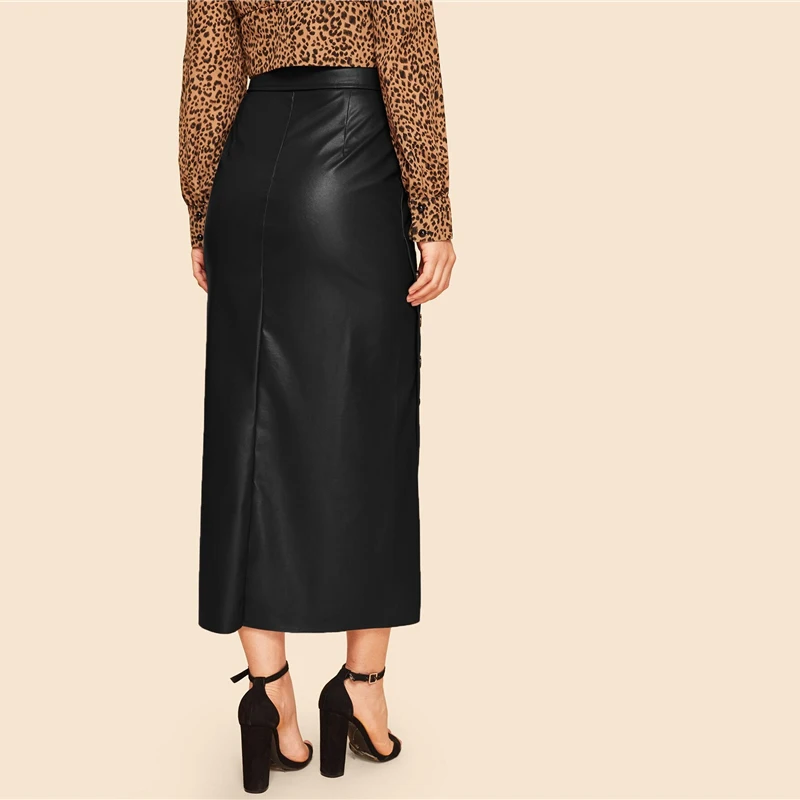 SHEIN Двубортная Асимметричная PU Юбка В Стиле 60-Х Годов С Поясом Женская Осенняя Коричневая Гламурная Юбка С Пуговицами