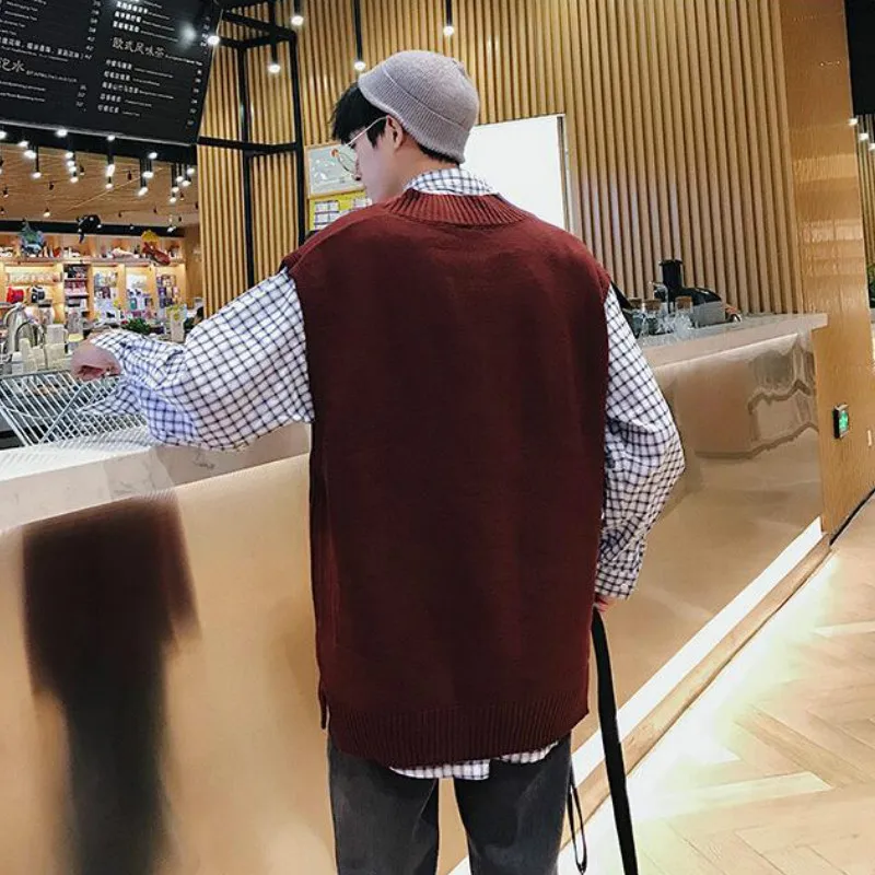 

Sweater Vest Men Korean Trendy All-match Knitted Vests Male V-neck Solid Sleeveless Simple Casual Loose Chic Harajuku Streetwear