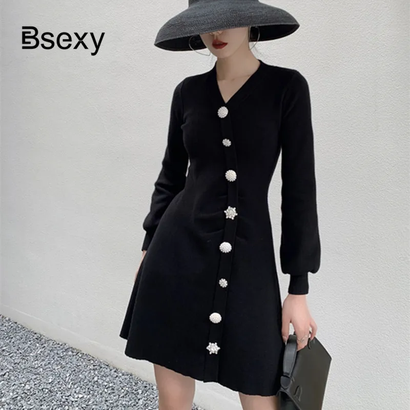 Винтажное женское черное платье джемпер 2019 зимнее вязаное свитер с v образным