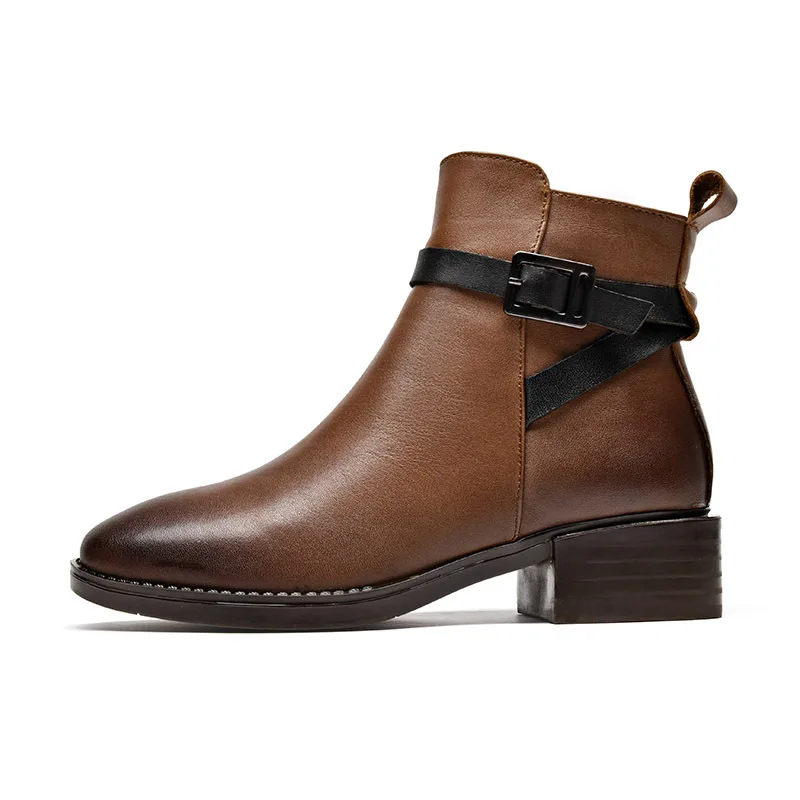 

Xiuten Solid Leather Boots Woman Zipper Boots Winter Short Ankle Booties Pointed Toe Thick Square Heels Chelsea Botas Snow Shoes