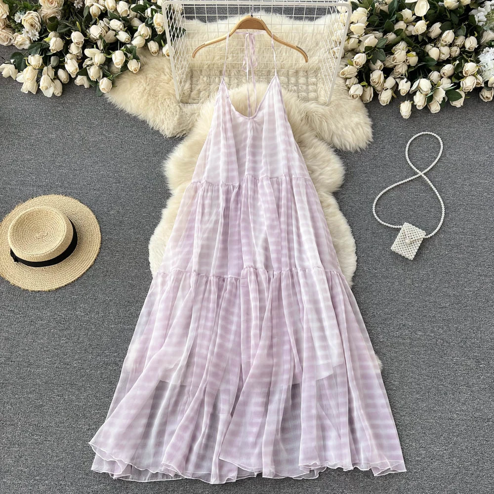

Pinkou Women Elegant Plaid Lavender Dress Halter Adjustable Straps With Lining Backless Bow Tie Beach Style Maxi Dresses QA807
