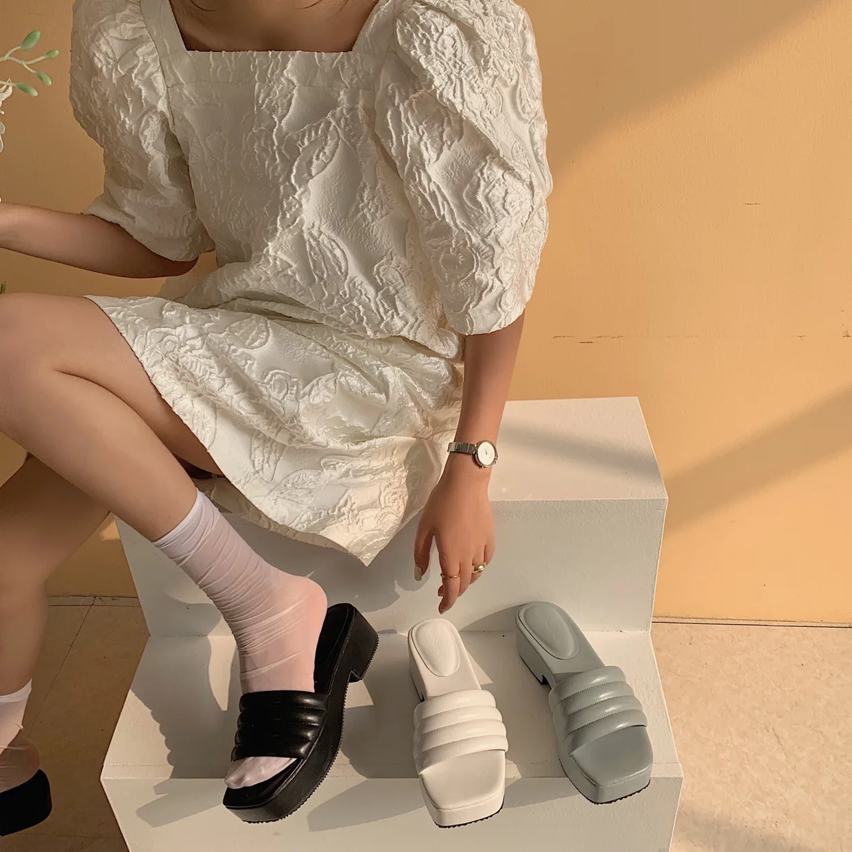 

Shoes House Slippers Platform Slides Slipers Women Heeled Mules Summer 2021 High Rubber Basic PU Rome Fabric Hoof Shoes Slippers