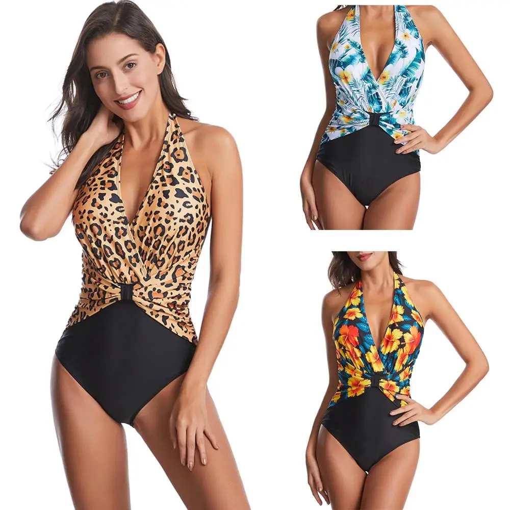 

New printed bikini Swimsuit sexy V-neck open back belly covering, thin swimsuit, women's one-piece swimsuit