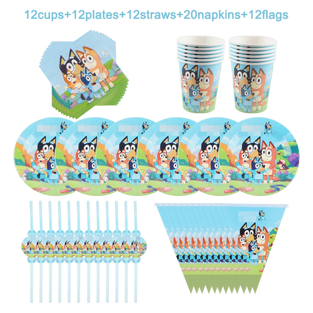 

Hot Sale Blue Cartoon Dogs Bingo Theme Kids Birthday Party Baby Shower Decoration Straw Cup Plate Napkin Disposable Tableware