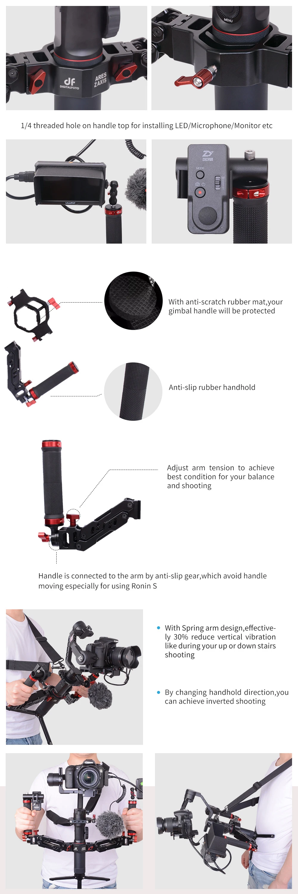 ARES алюминиевый Z axis съемный пружинный шарнир двойная ручка 1,8-5 кг+ паук ремень кольцо удлинитель адаптер для Ronin SC/S Crane 2