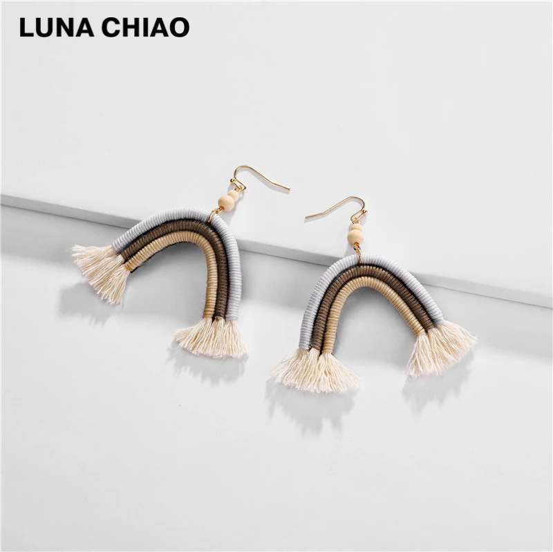 LUNA CHIAO, модные ювелирные изделия, Радужный дизайн, висячие серьги-капли, ручная работа, хлопковая нить, плетеные, Boho, массивные серьги для женщин