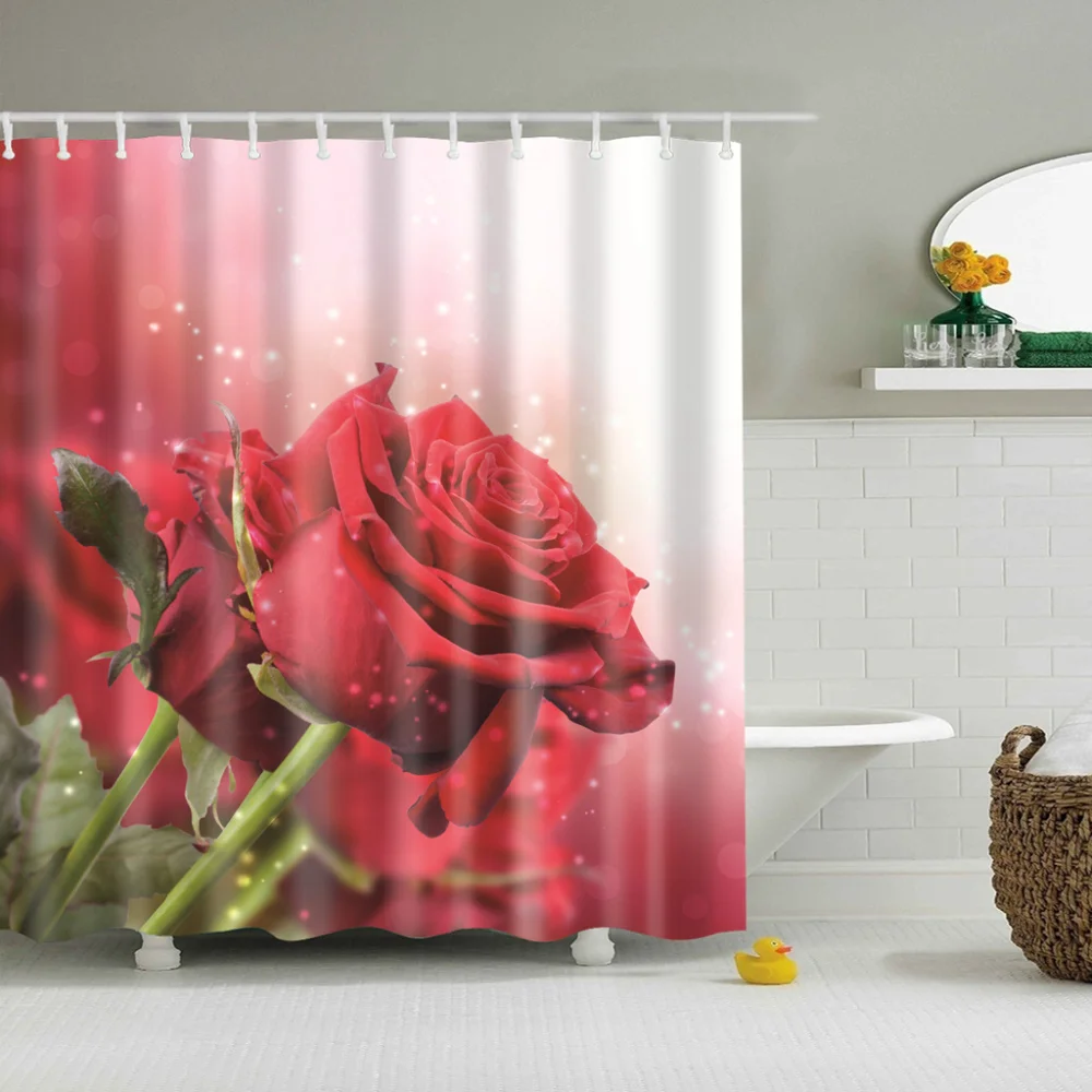 

Red Rose Plants Indoor Flowers Shower Curtain 3d Bath Single Printing Waterproof Polyester for Bathroom Decor Accessories