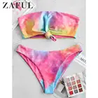 Женский купальник-бикини ZAFUL, разноцветный купальник-бандо с завязками и завязанными завязками, облегающий купальник-бикини 2020