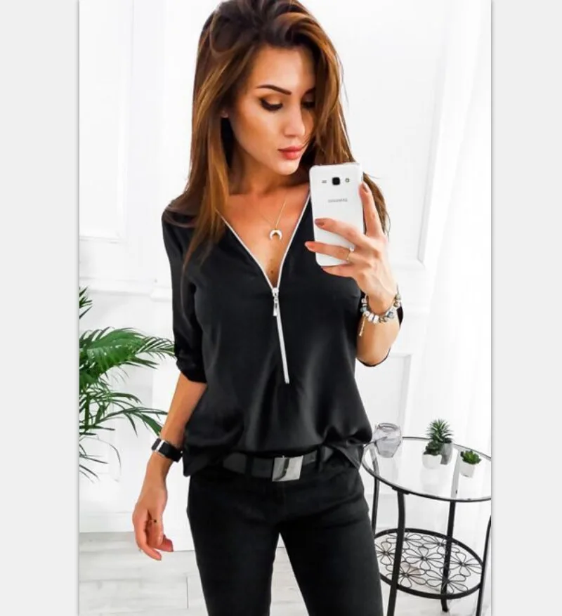 

Spring Half Sleeve Women's Blouse Solid Black Zipper V-neck Top Female Elegant Fashion Loose Casual Ladies White Tops