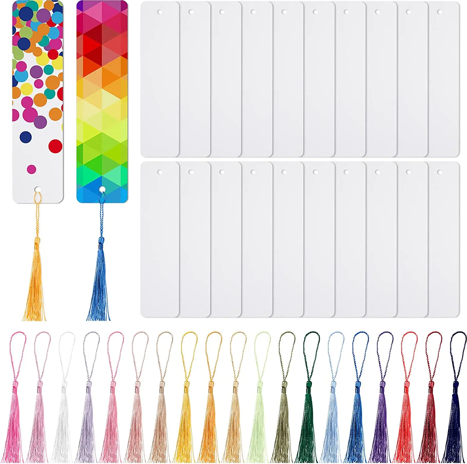 100pcs Sublimation Blank Bookmark Heat Transfer Metal Aluminum DIY Bookmark with Hole and 30 Pieces Colorful Tassels for Crafts